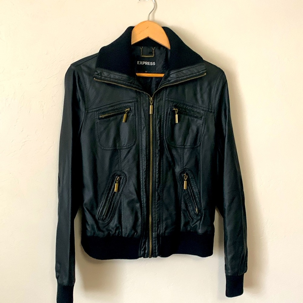 Express black, vegan leather bomber jacket large
